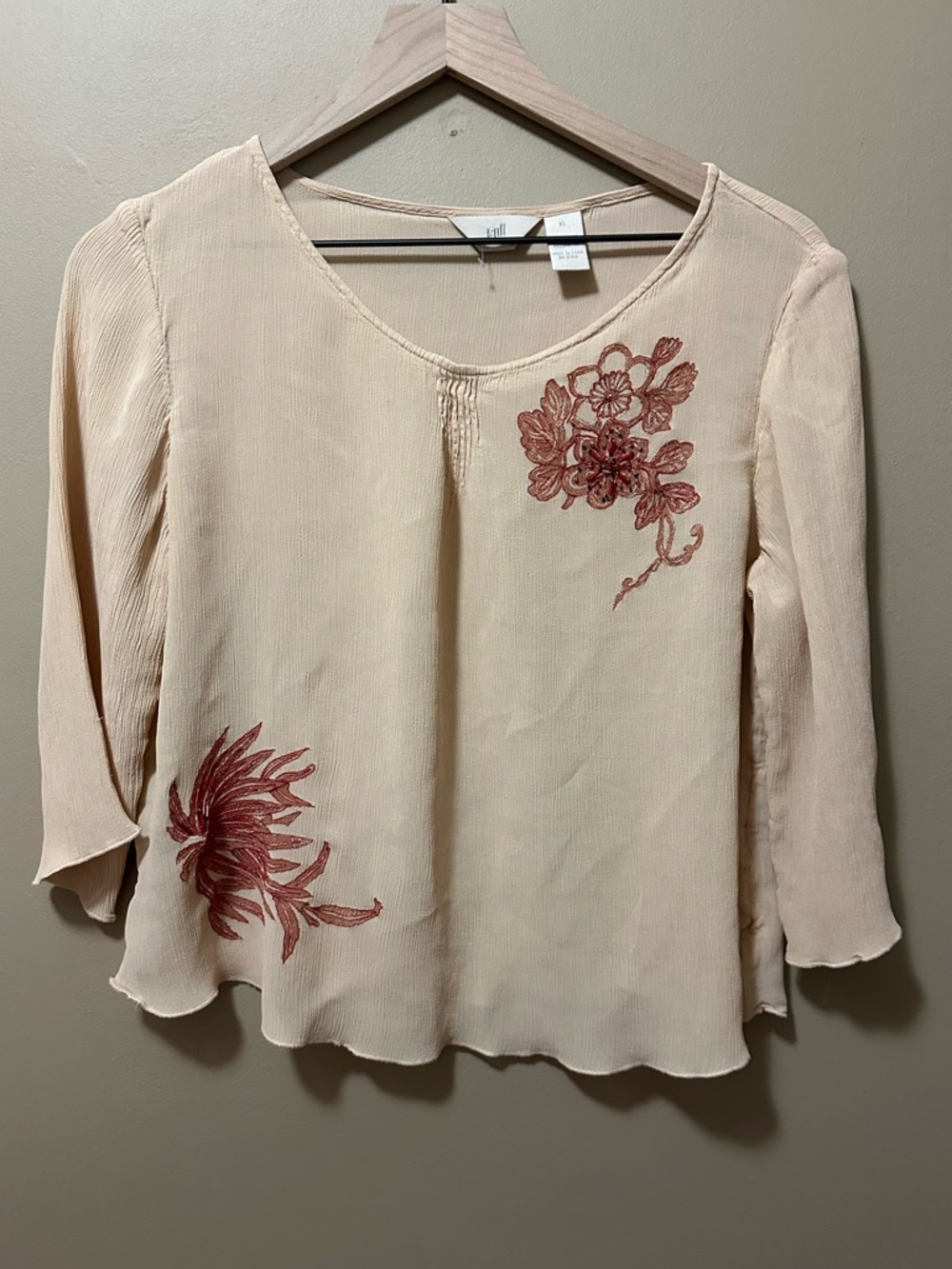 J. Jill Cream Blouse with Red Floral Beaded Embroidery Boho Gauzy Flowy Artsy